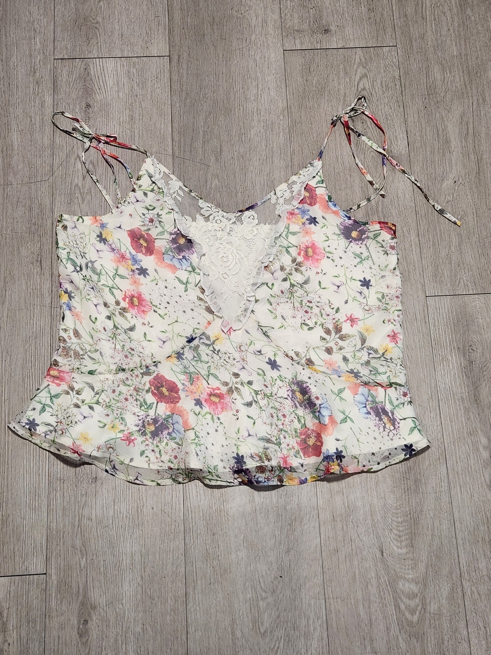 True Religion White Floral Lace Trim Tie Strap Peplum Cami Top Large